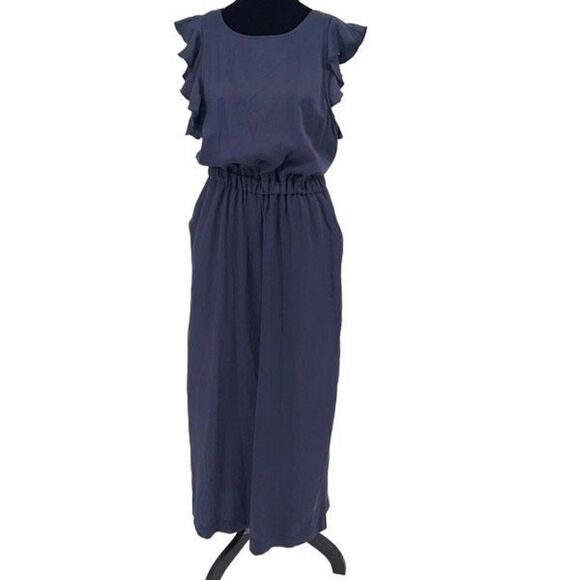 Katie Q Womens Wide Leg Jumpsuit Ruffle Sleeve Open Tie Back‎ Navy Blue Size 4 - Picture 1 of 12